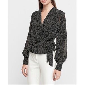 EXPRESS Women's Wrap V-Neck Blouse Long Balloon Sleeve Size XL Black Polka Dot